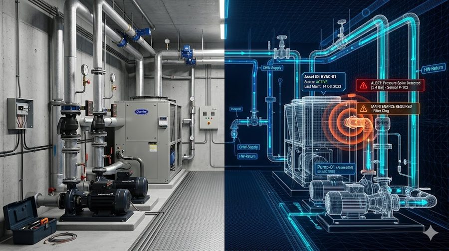 Illustration: a plant room and its digital twin with maintenance data.