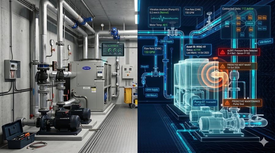 Illustration: a plant room and its digital twin with maintenance data.