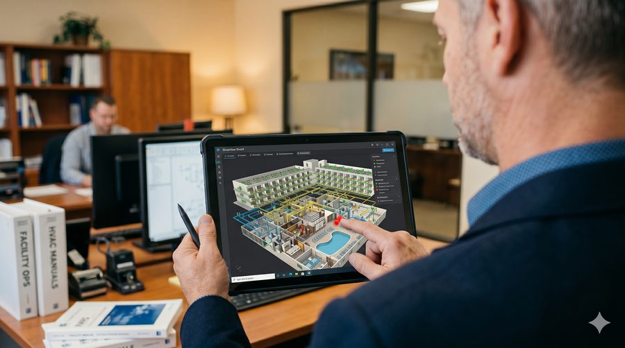 Illustration: a plant room and its digital twin with maintenance data.