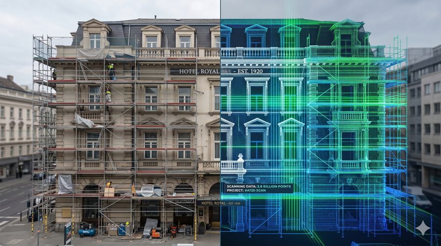 Illustration: a building facade under renovation and its scan.